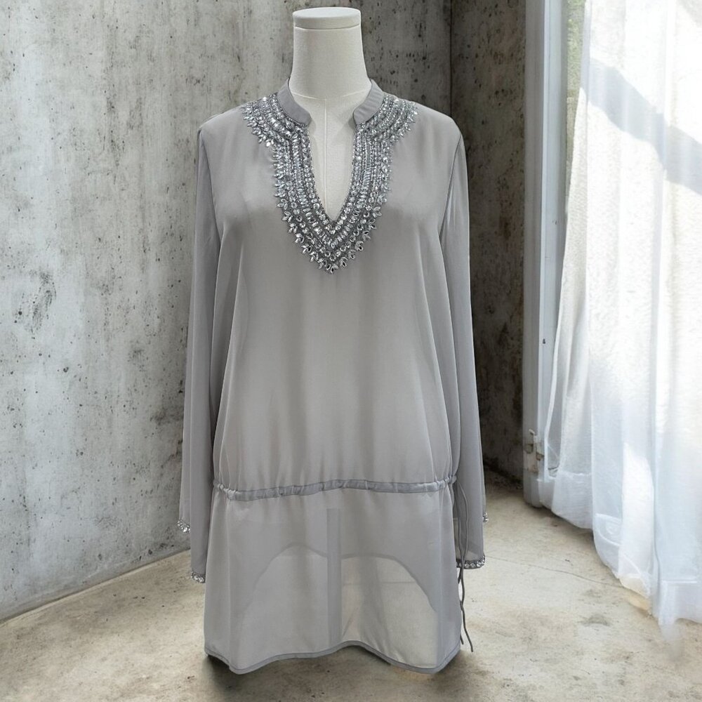 Boston Proper Beaded Sheer Tunic Top Size 12 Glam Boho Resort Occasion‎ Feminine